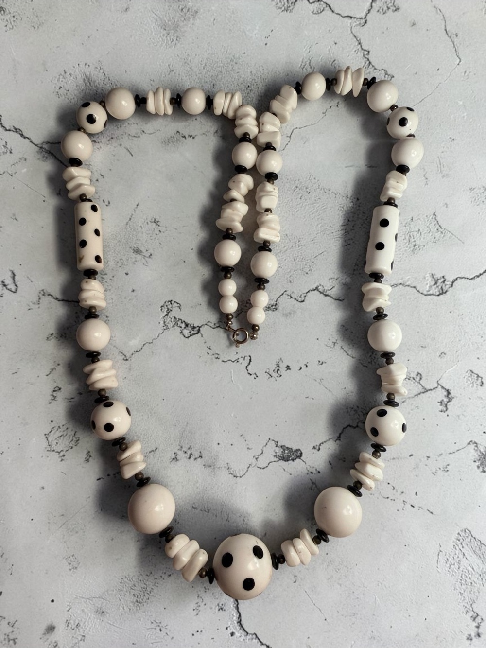 Vintage White and Black Polka Dot Beaded Necklace